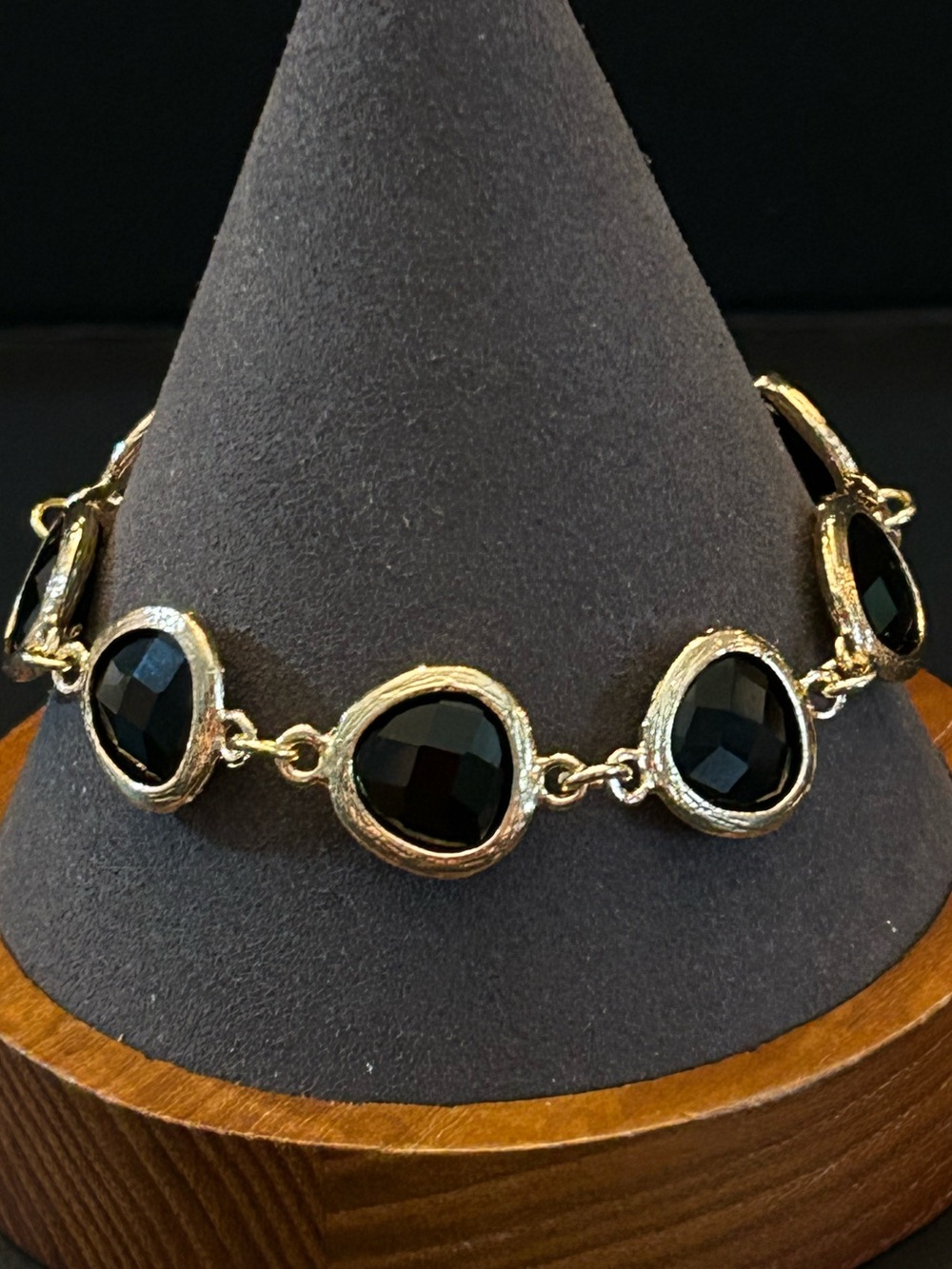 Gold-Tone Link Bracelet with Bezel-Set Black Faceted Crystals w/Unique Clasp